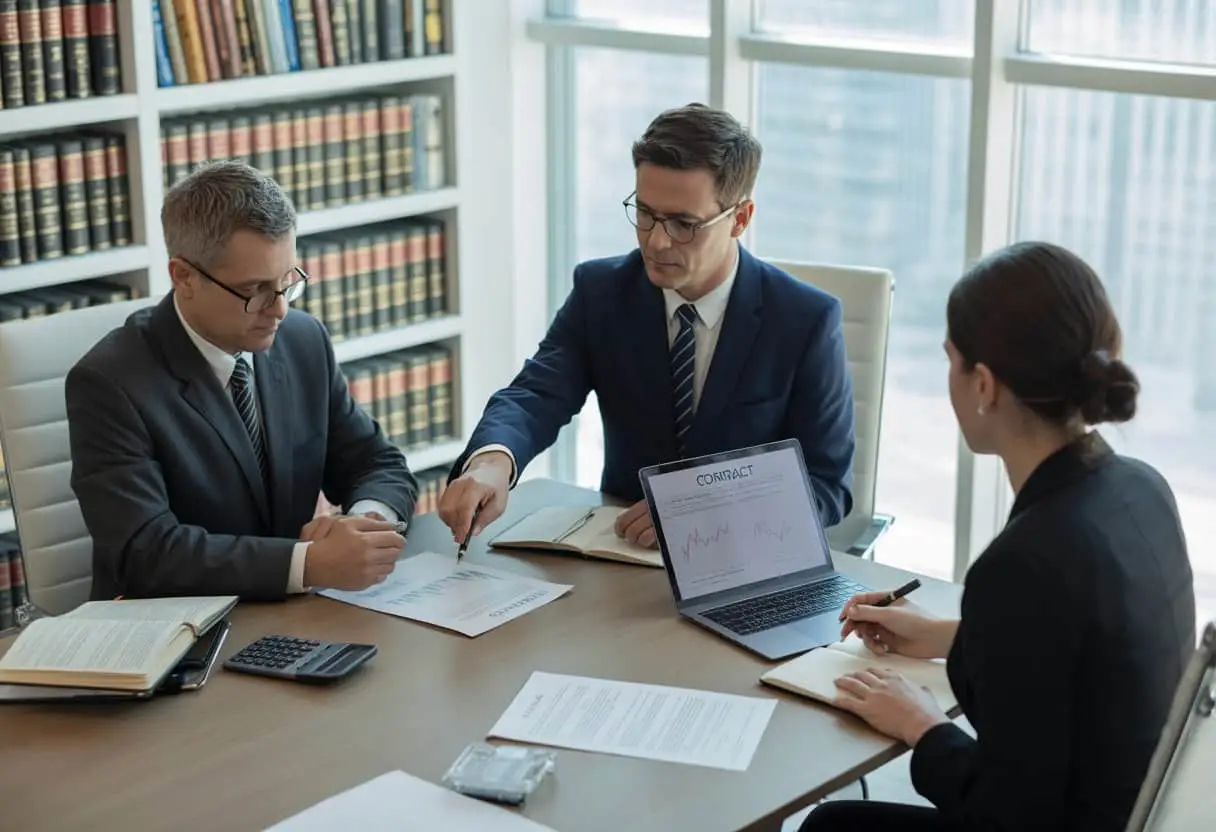 Schenking, koop of verrekening: wanneer actio pauliana risico vormt 1 Drie professionals zitten aan een tafel in een kantoor en bespreken documenten met een laptop en rekenmachine.