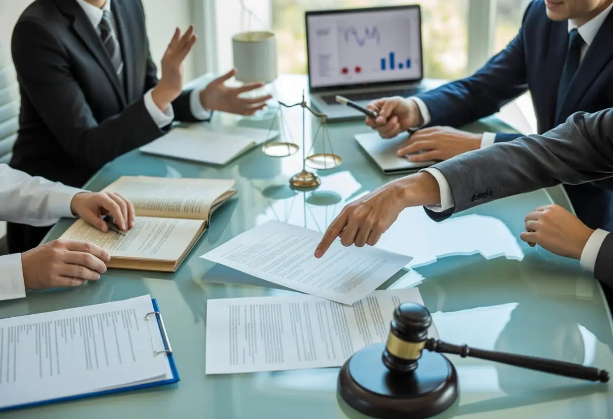Schenking, koop of verrekening: wanneer actio pauliana risico vormt 2 Een zakelijke bijeenkomst in een modern kantoor waar professionals juridische documenten bespreken en risico's van transacties evalueren.