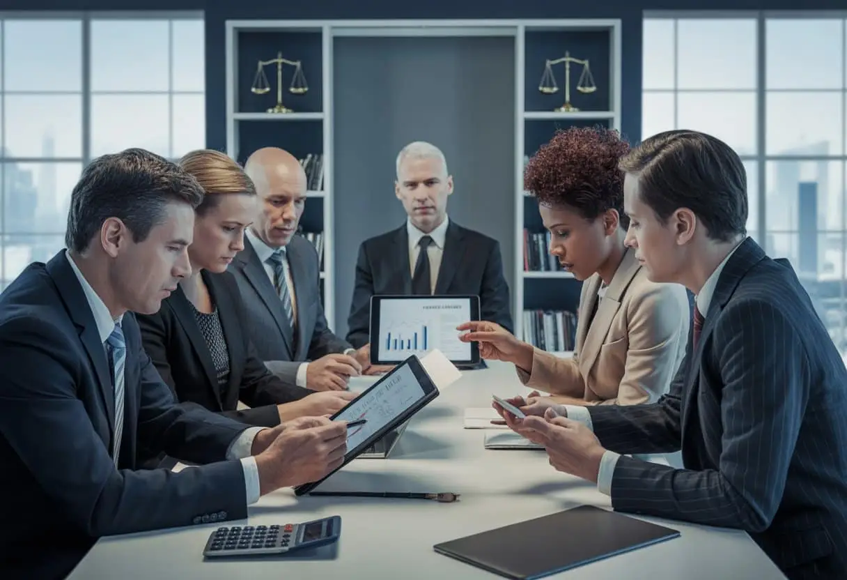 Schenking, koop of verrekening: wanneer actio pauliana risico vormt 3 Een groep zakelijke professionals bespreekt documenten aan een vergadertafel in een modern kantoor.