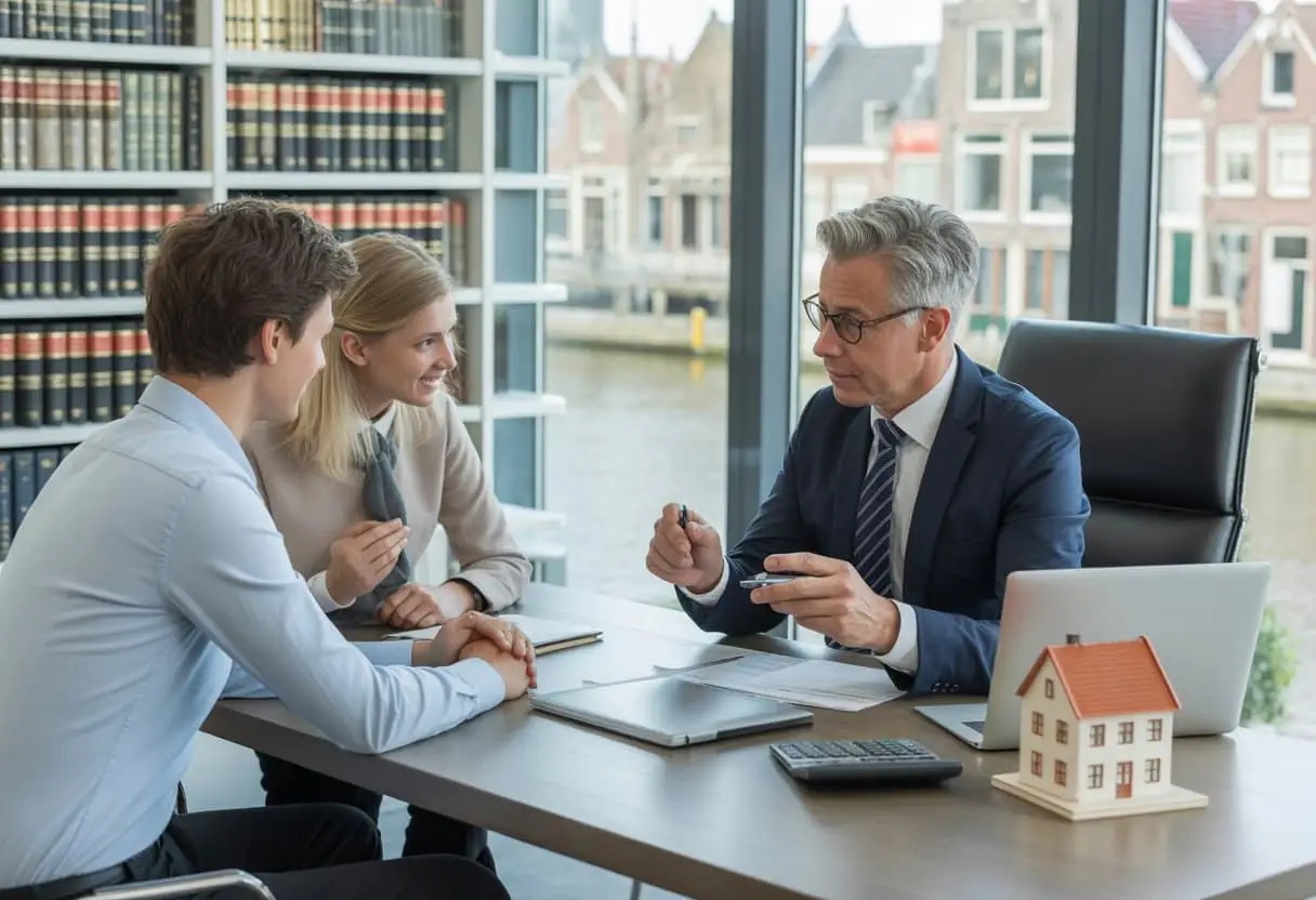 Een Nederlandse advocaat bespreekt hypotheekdocumenten met een jong stel in een kantoor met uitzicht op een stad met grachtenpanden.