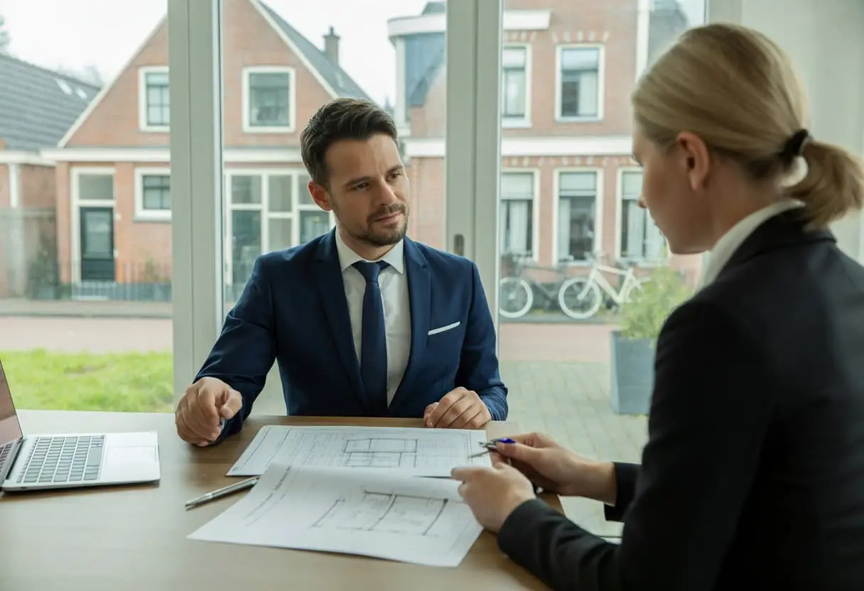 Twee juridische professionals bespreken documenten in een kantoor met uitzicht op een Nederlandse woonwijk.