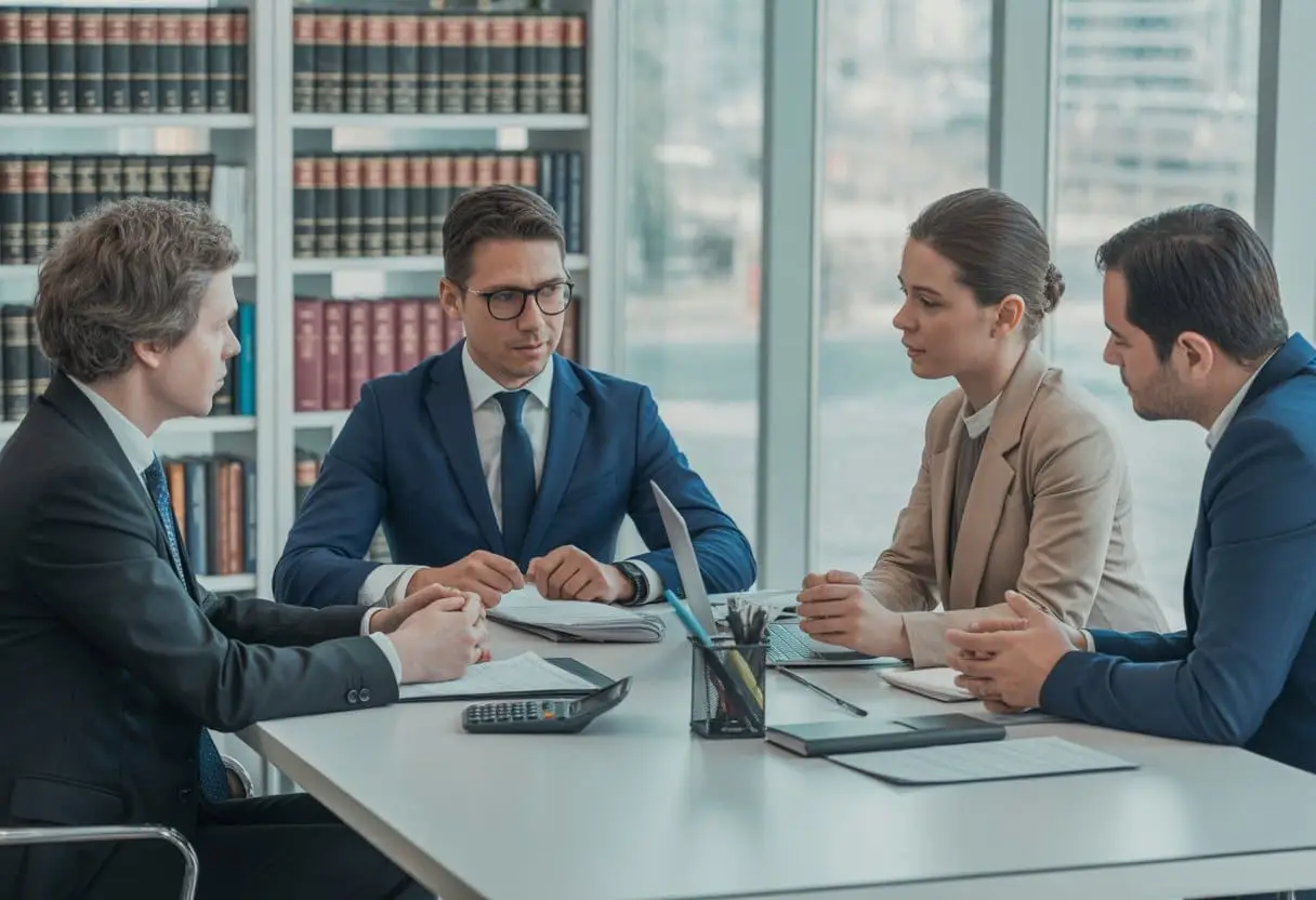 Een groep professionals zit aan een vergadertafel in een kantoor en bespreekt documenten over hypotheekrecht.