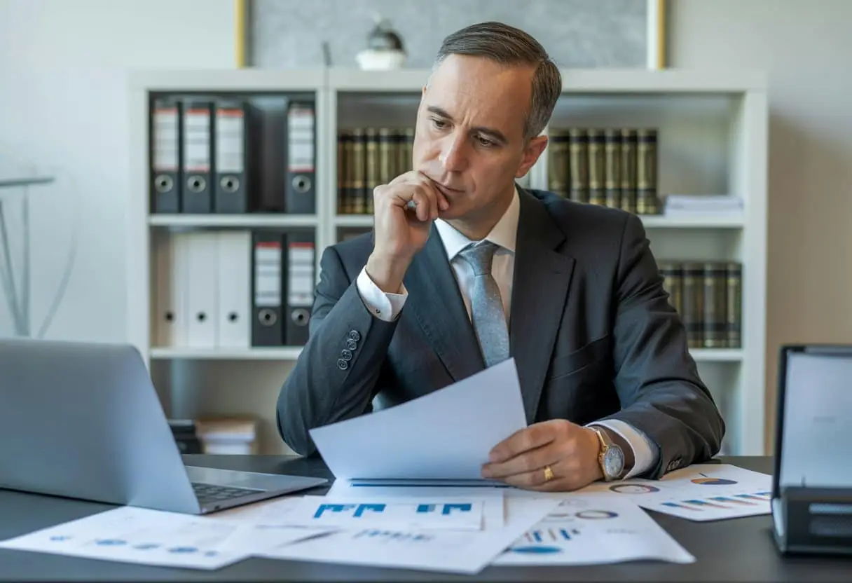 Een man in een kantoor die financiële documenten bekijkt, met kasten vol mappen op de achtergrond.