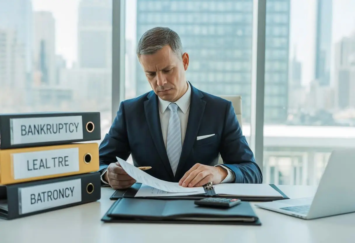 Een man in formele kleding bekijkt financiële documenten aan een bureau in een kantoor met uitzicht op de stad.