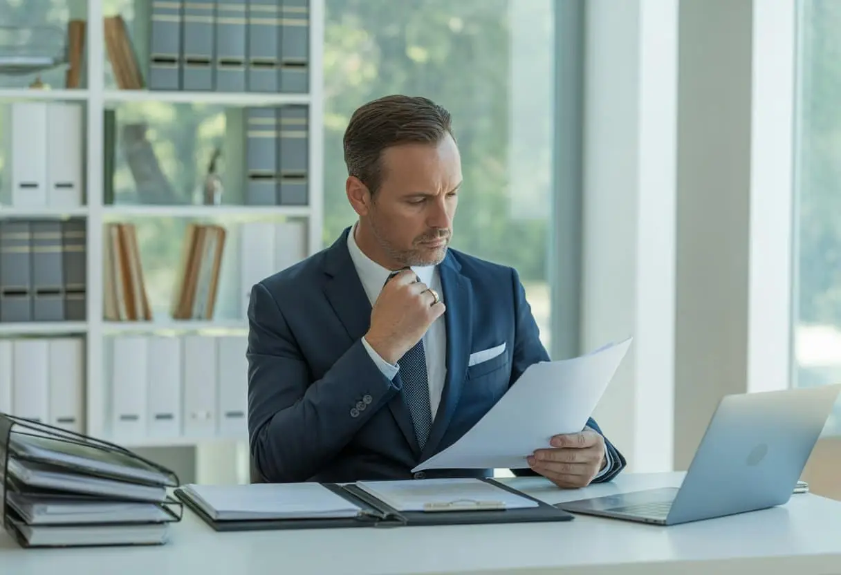 Een man in een pak zit aan een bureau met documenten en een laptop, werkend in een kantooromgeving.