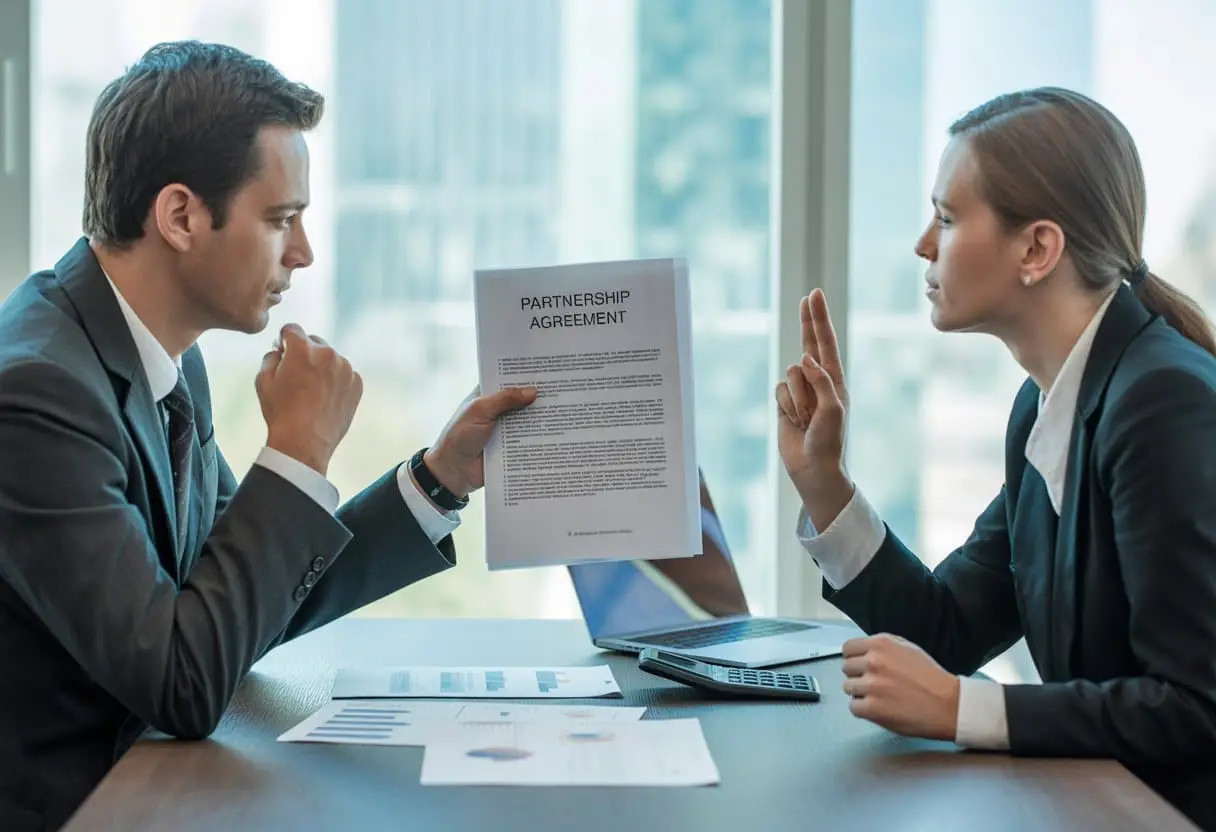 Twee zakelijke professionals bespreken documenten aan een bureau in een modern kantoor met uitzicht op de stad.
