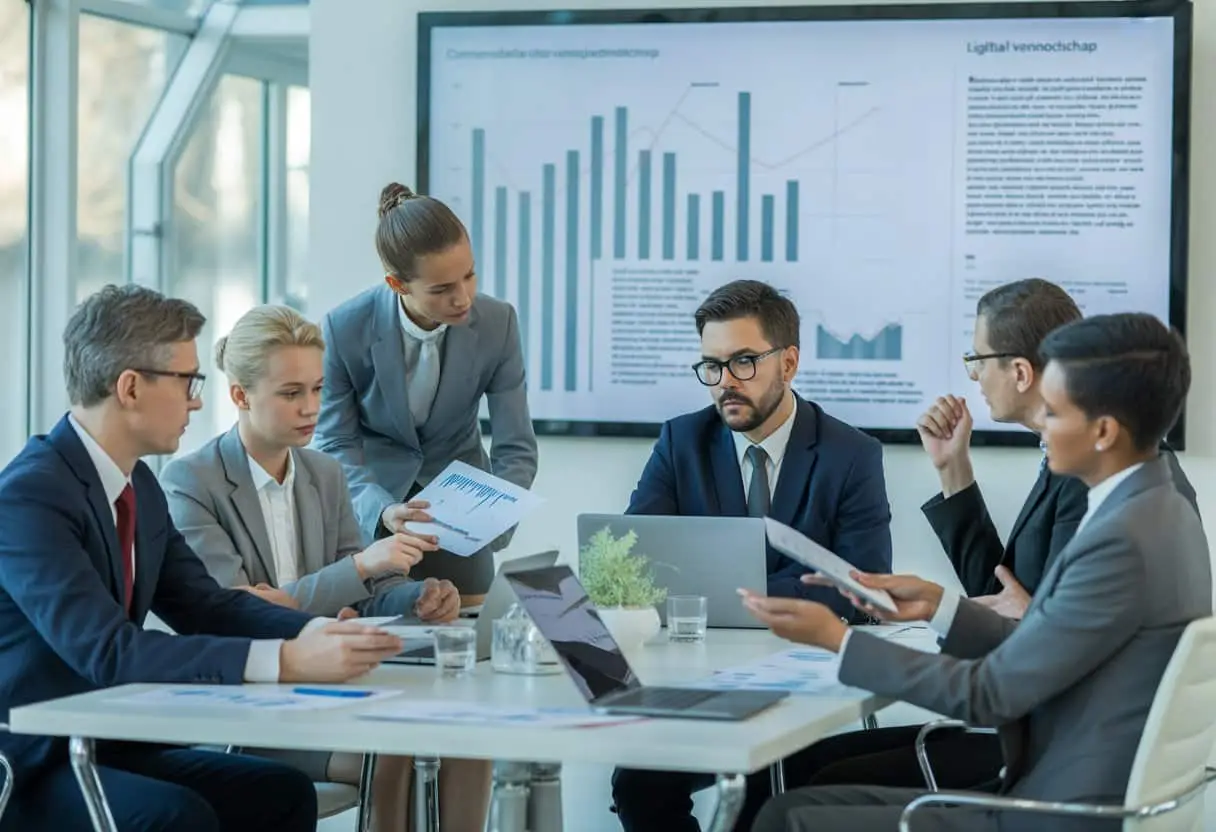 Een groep zakelijke professionals bespreekt documenten en grafieken in een vergaderruimte.
