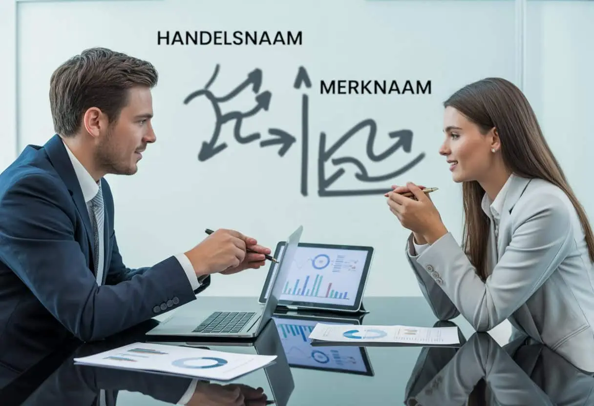 Twee zakenmensen bespreken documenten en grafieken aan een vergadertafel in een kantooromgeving.