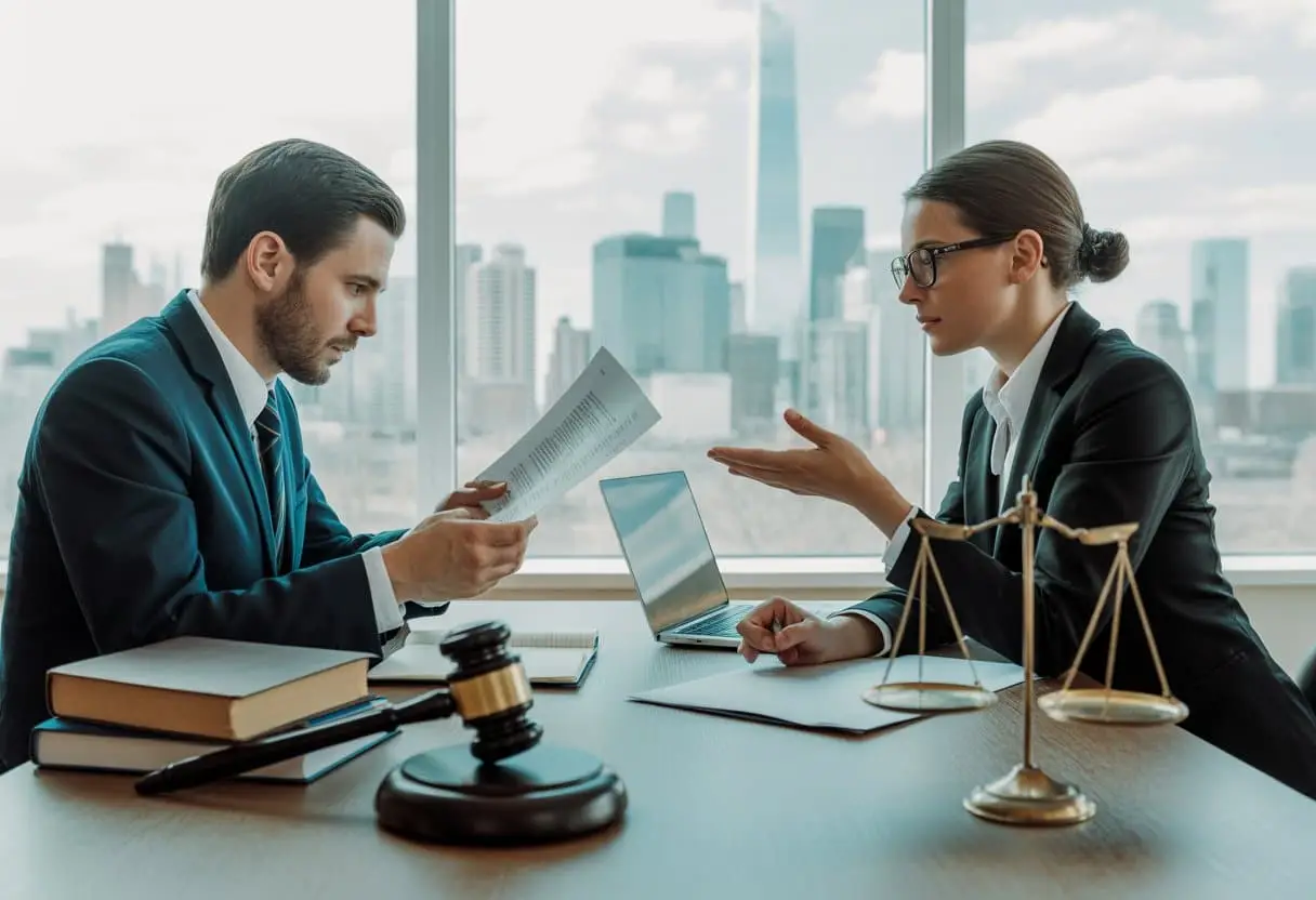Twee zakelijke professionals bespreken juridische documenten in een kantoor met juridische symbolen op tafel.