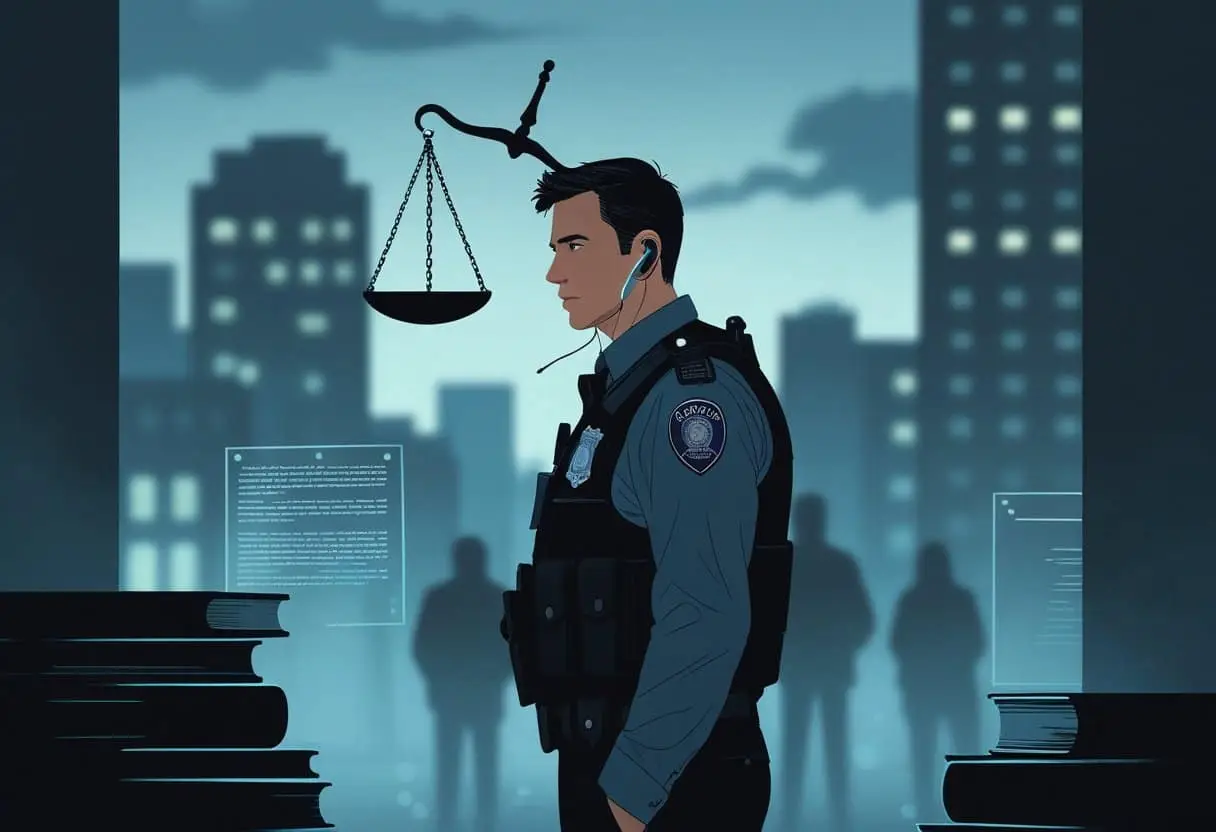 Een politieagent in burger observeert voorzichtig een stedelijke omgeving met symbolen van rechtvaardigheid en wetten op de achtergrond.