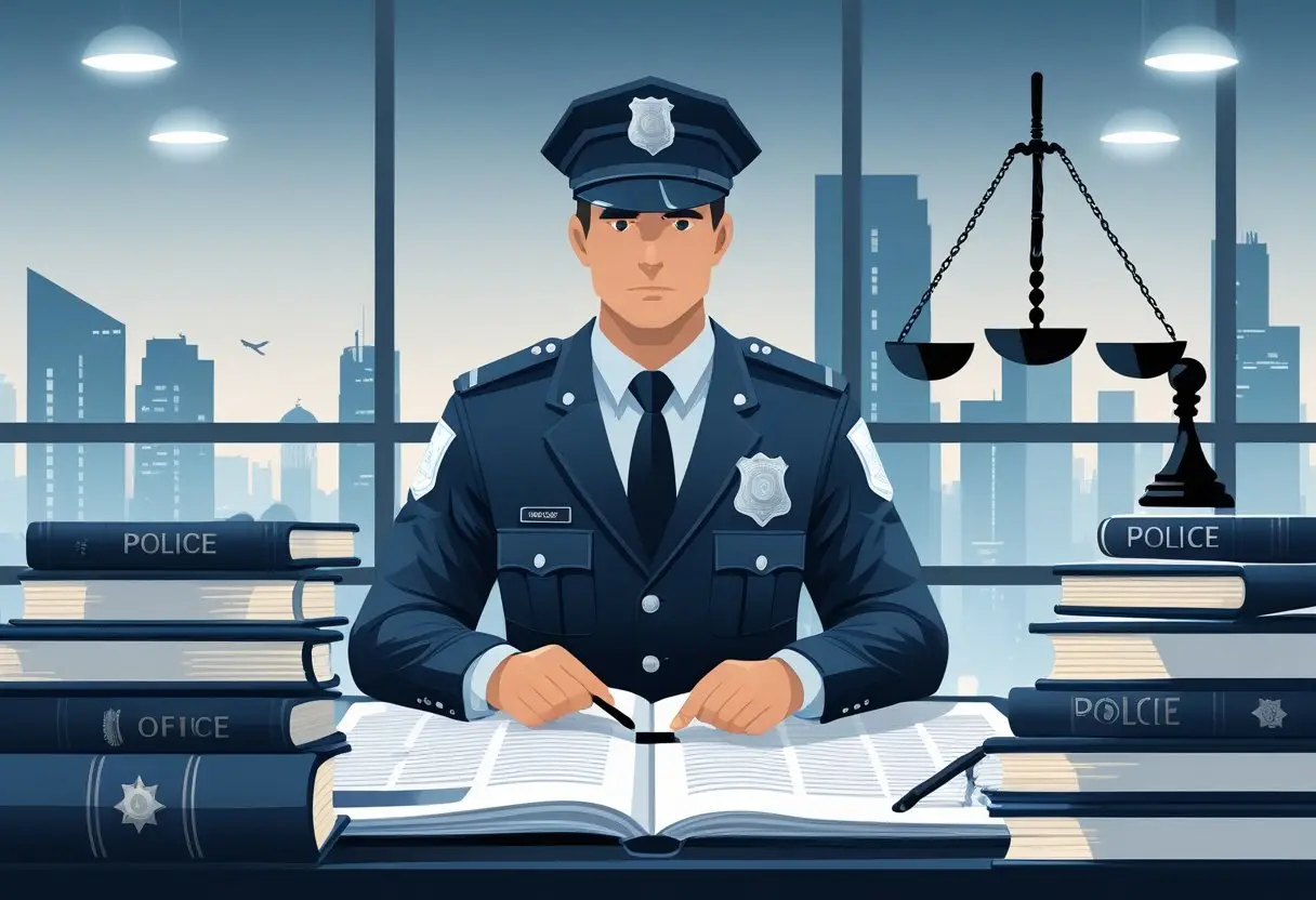Een politieagent in een kantoor bekijkt documenten en juridische boeken met symbolen van rechtvaardigheid, met op de achtergrond een stad in de nacht die undercoveroperaties suggereert.