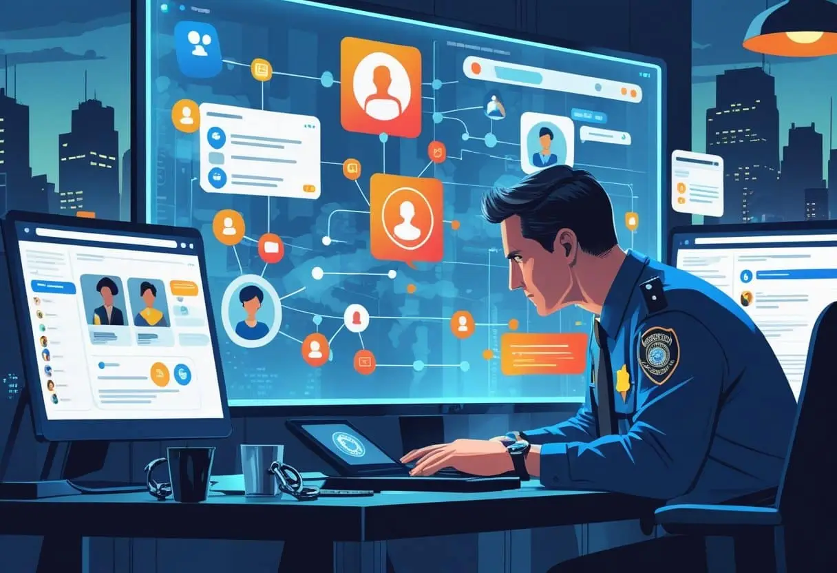 Een rechercheur analyseert sociale media-gegevens op digitale schermen in een politiebureau om strafrechtelijke onderzoeken te ondersteunen.
