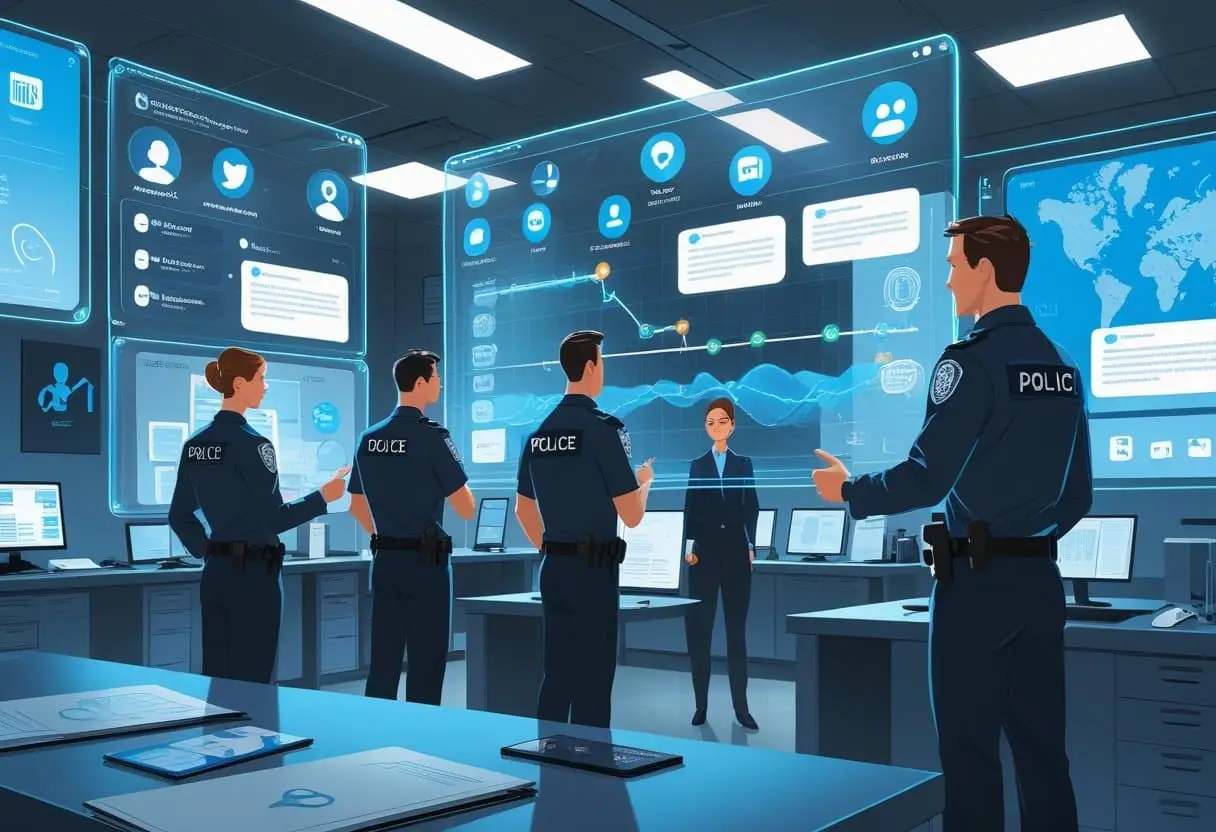 Rechercheurs in een onderzoeksruimte analyseren sociale media gegevens op meerdere schermen om een strafrechtelijk onderzoek te ondersteunen.