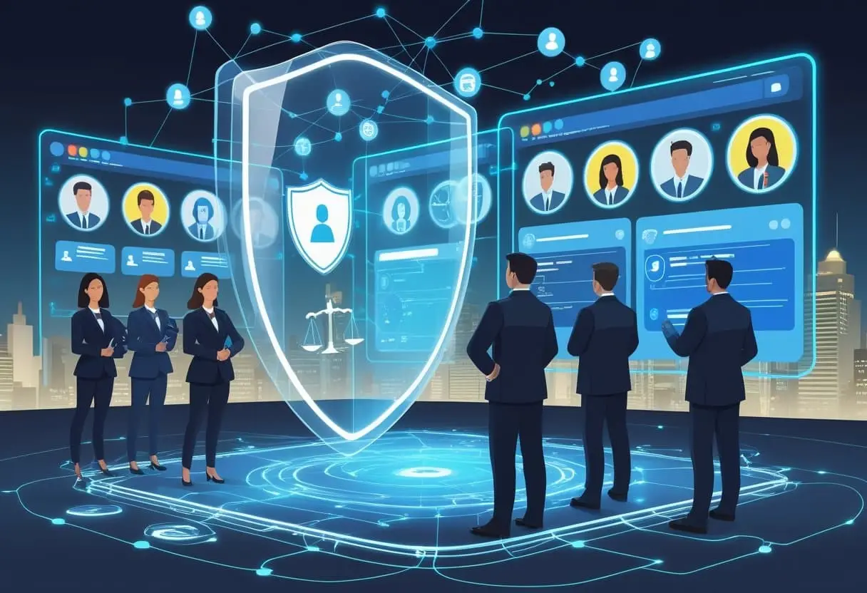 Een scène met onderzoekers die digitale gegevens analyseren achter een beschermend schild dat sociale media en persoonlijke gegevens vertegenwoordigt.