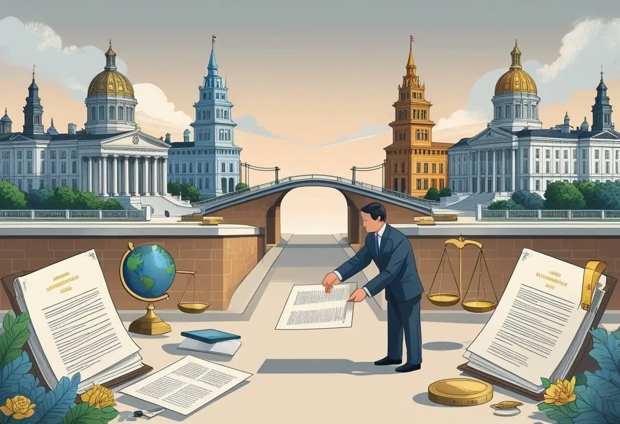 Illustratie van het uitleveringsproces tussen twee landen met juridische documenten, een rechter en symbolen van internationale verdragen.