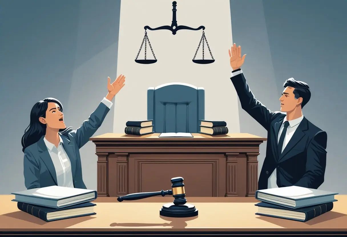 Een rechtbankscène met een rechter, een spreker en een advocaat die de grenzen van strafbare uitlatingen symboliseren.