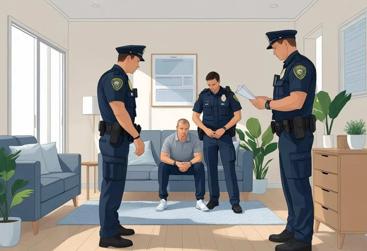 Wat zijn de rechten van een verdachte bij een huiszoeking? Alles wat je moet weten 2 Twee politieagenten voeren een huiszoeking uit in een woonkamer, waarbij een verdachte rustig luistert terwijl een agent een lade onderzoekt.