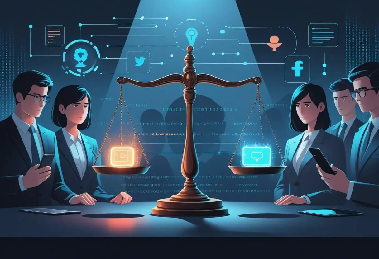 Een afbeelding van een weegschaal met een digitaal apparaat en een hamer, omgeven door mensen en digitale symbolen die online intimidatie en wetgeving tonen.
