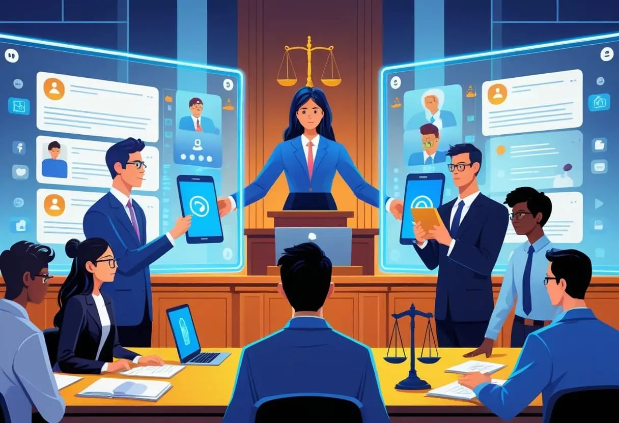 Een rechtszaal waar juridische professionals digitale bewijzen van online intimidatie onderzoeken, met mensen die betrokken zijn bij het aanpakken van cyberpesten.