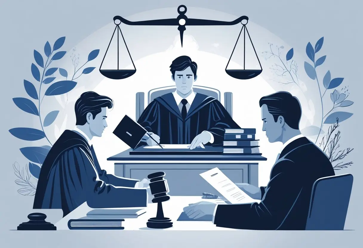 Een rechtbankscène met een rechter, een advocaat die een zaak presenteert, en een bezorgde beklaagde, met symbolen van rechtvaardigheid zoals een weegschaal en een hamer op de achtergrond.