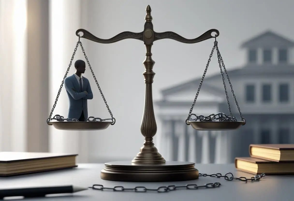 Een weegschaal van gerechtigheid met een bezorgde persoon aan de ene kant en symbolen van nalatigheid aan de andere kant, met een rechtbank op de achtergrond.