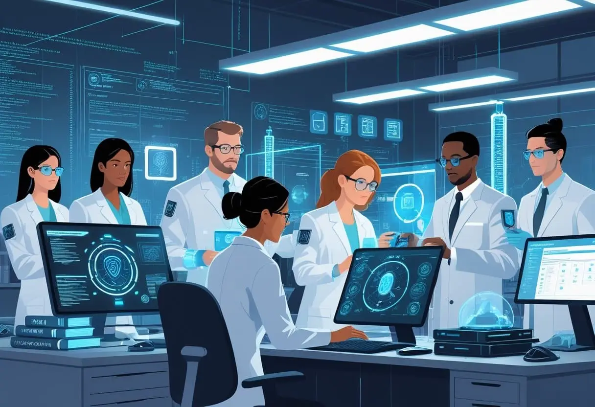 Een moderne forensische laboratoriumomgeving waar diverse onderzoekers geavanceerde technologieën gebruiken om bewijsmateriaal te analyseren in strafzaken.