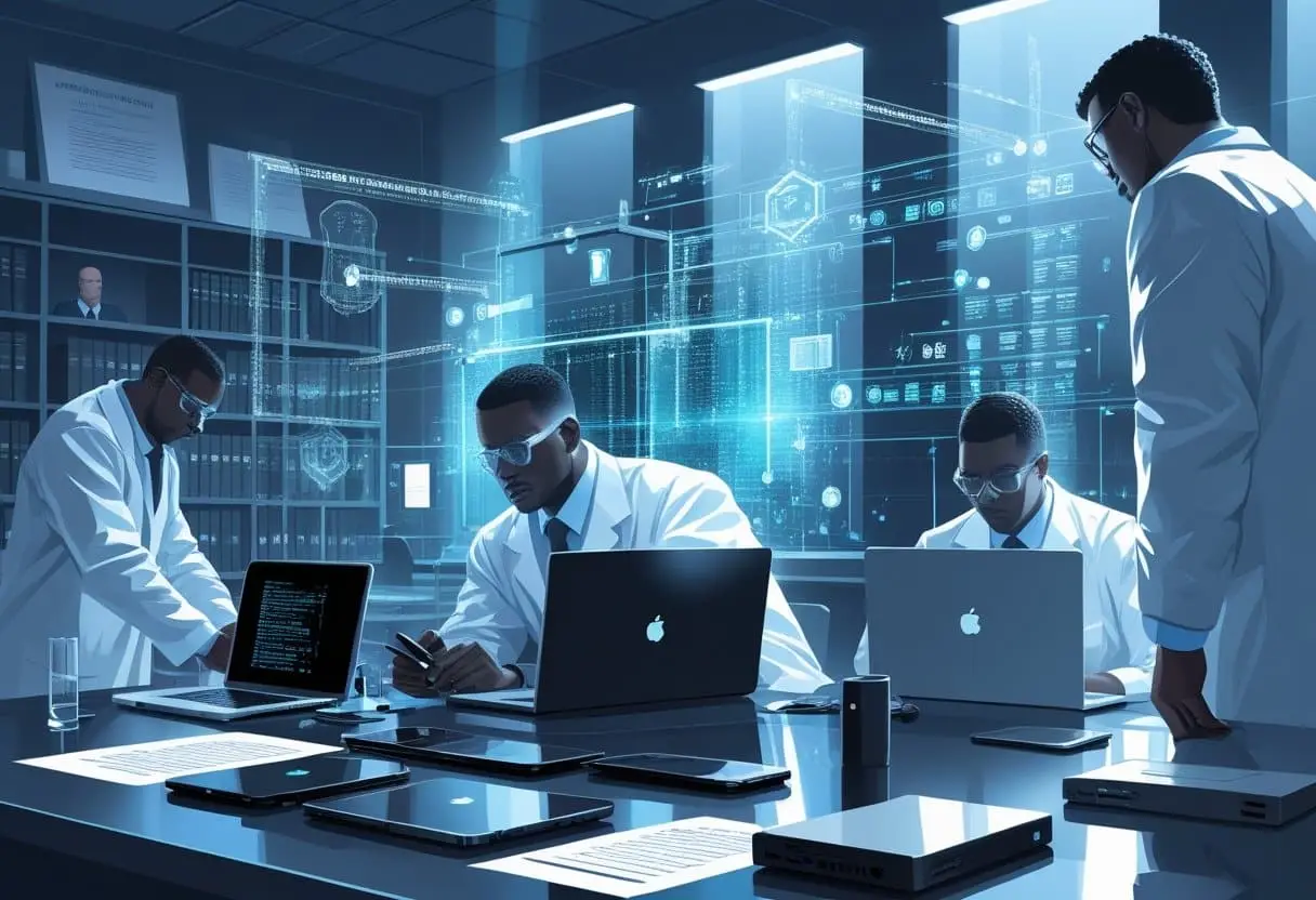 Onderzoekers die elektronische apparaten analyseren in een laboratorium, met digitale gegevensstromen en een rechtszaal op de achtergrond.