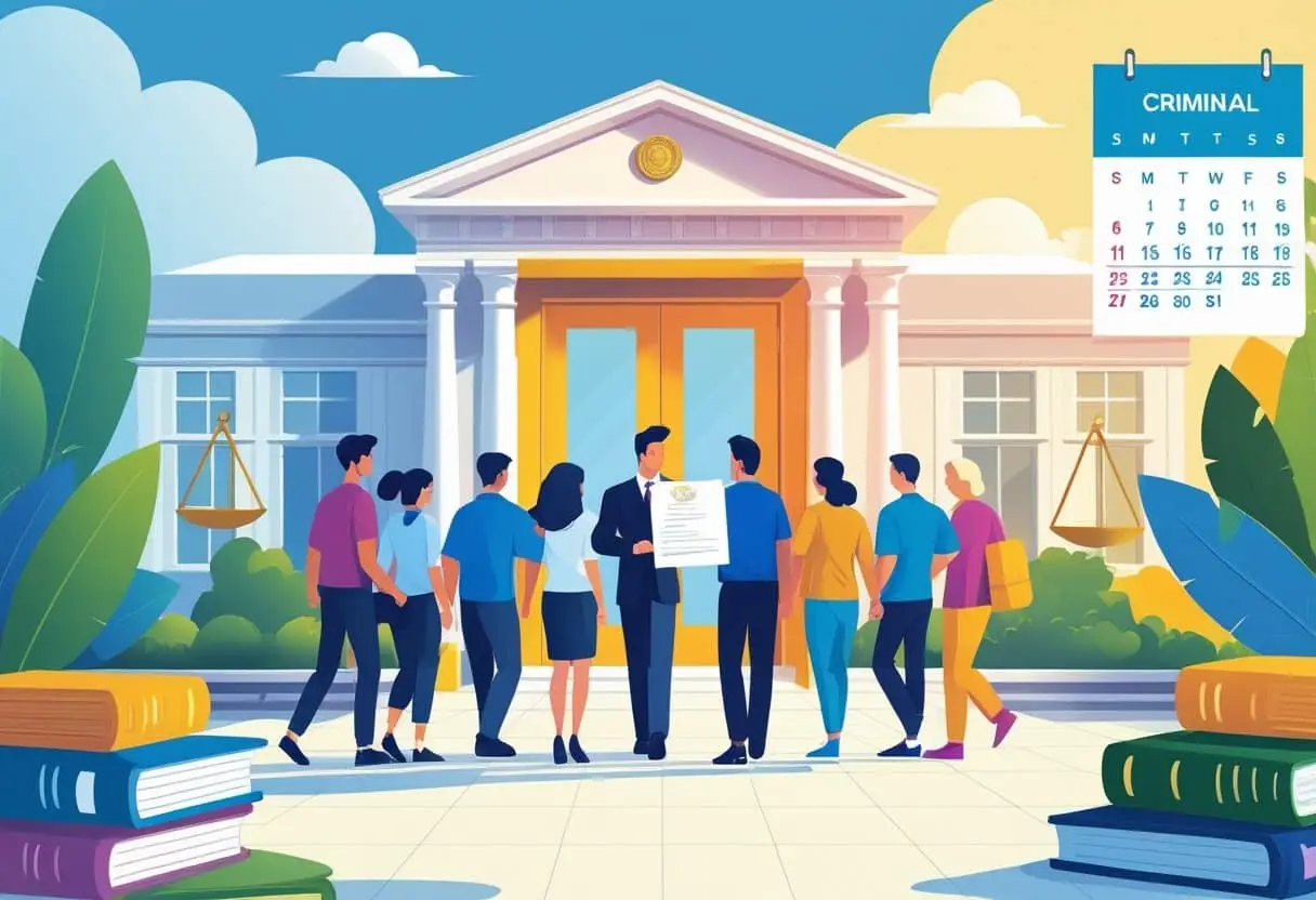 Mensen lopen van een rechtbank naar een open deur, met een rechter die een document overhandigt, symboliserend het proces van strafrechtelijke rehabilitatie.