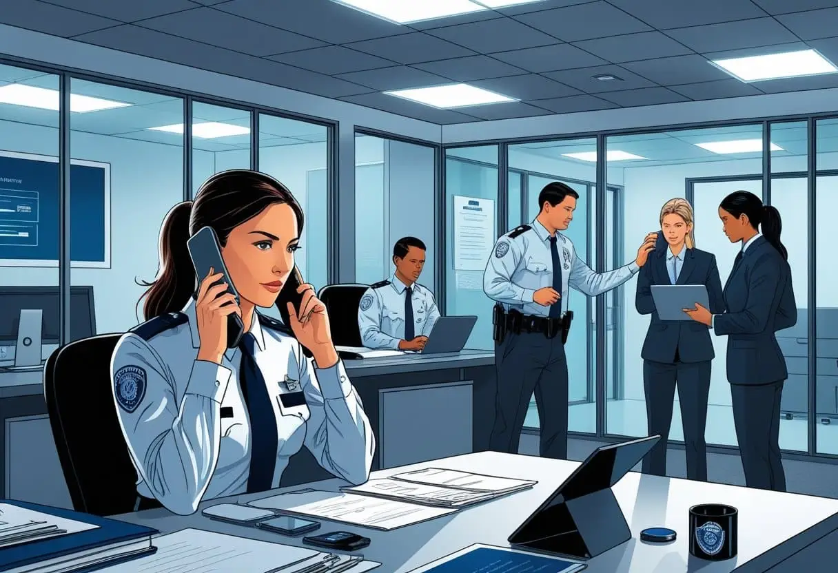 Een beveiligde kantoorruimte waar professionals getuigenbescherming organiseren en uitvoeren, met een agent die een getuige begeleidt.
