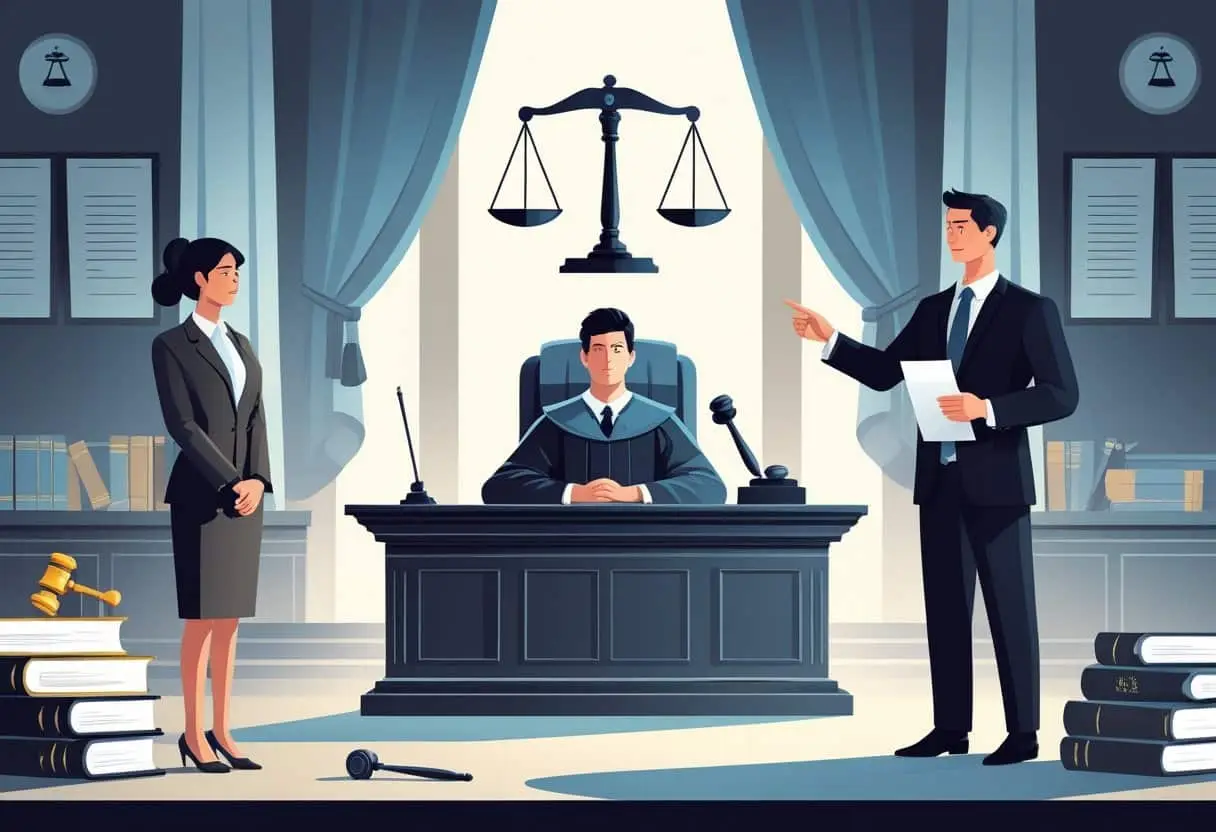Een rechtbank met een rechter, een zenuwachtige getuige en een advocaat die bewijs presenteert, met een weegschaal van gerechtigheid op de achtergrond.