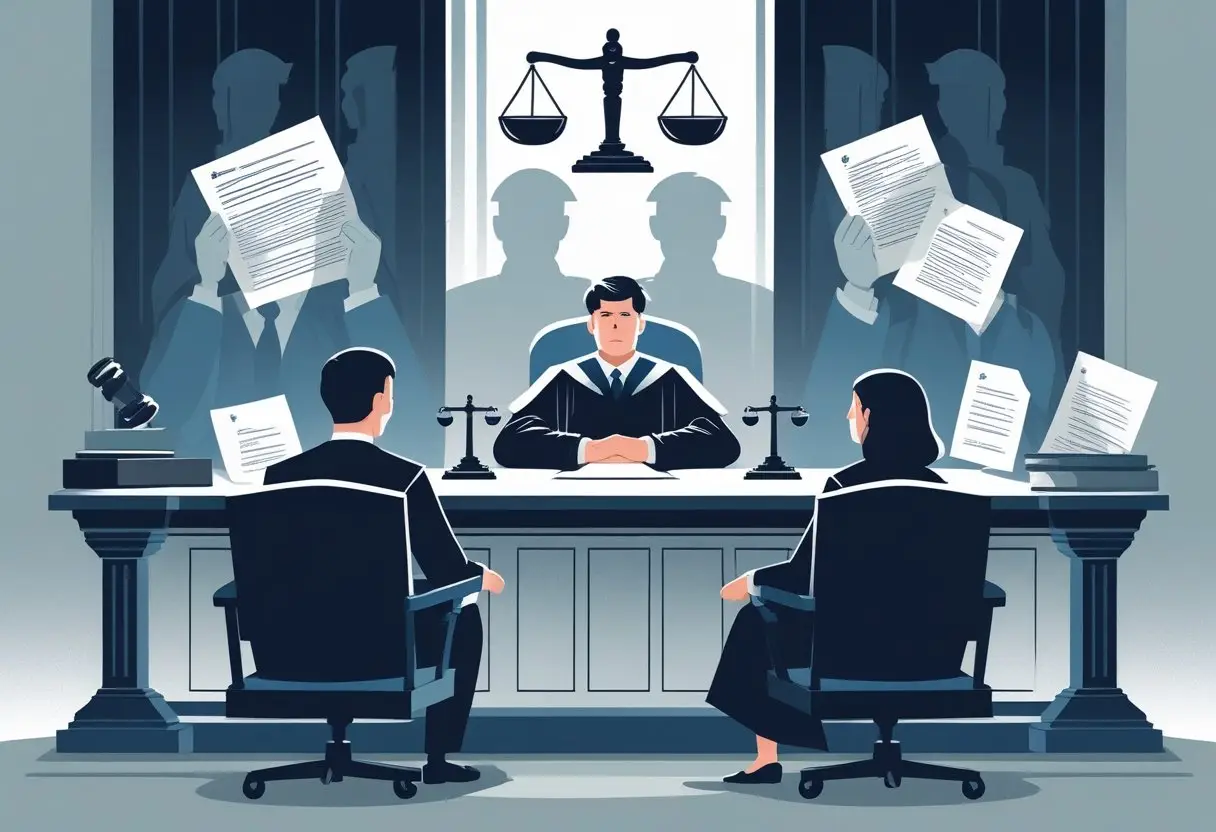 Een rechtbank met een rechter, een persoon die een verklaring aflegt, en symbolen van rechtvaardigheid en juridische gevolgen zoals weegschaal en handboeien.