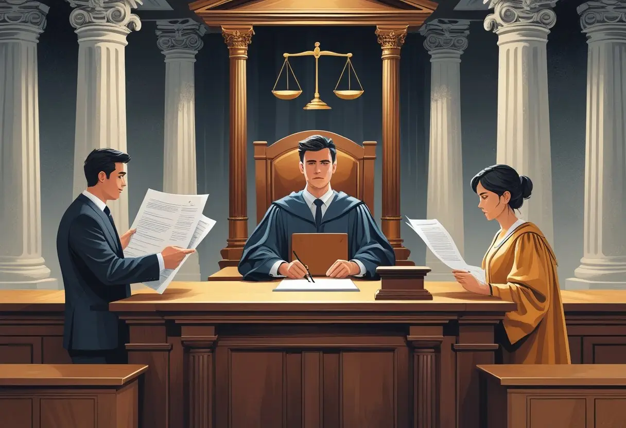 Een rechtbank met een rechter, een verdachte en een advocaat tijdens een rechtszaak over valse aangifte.