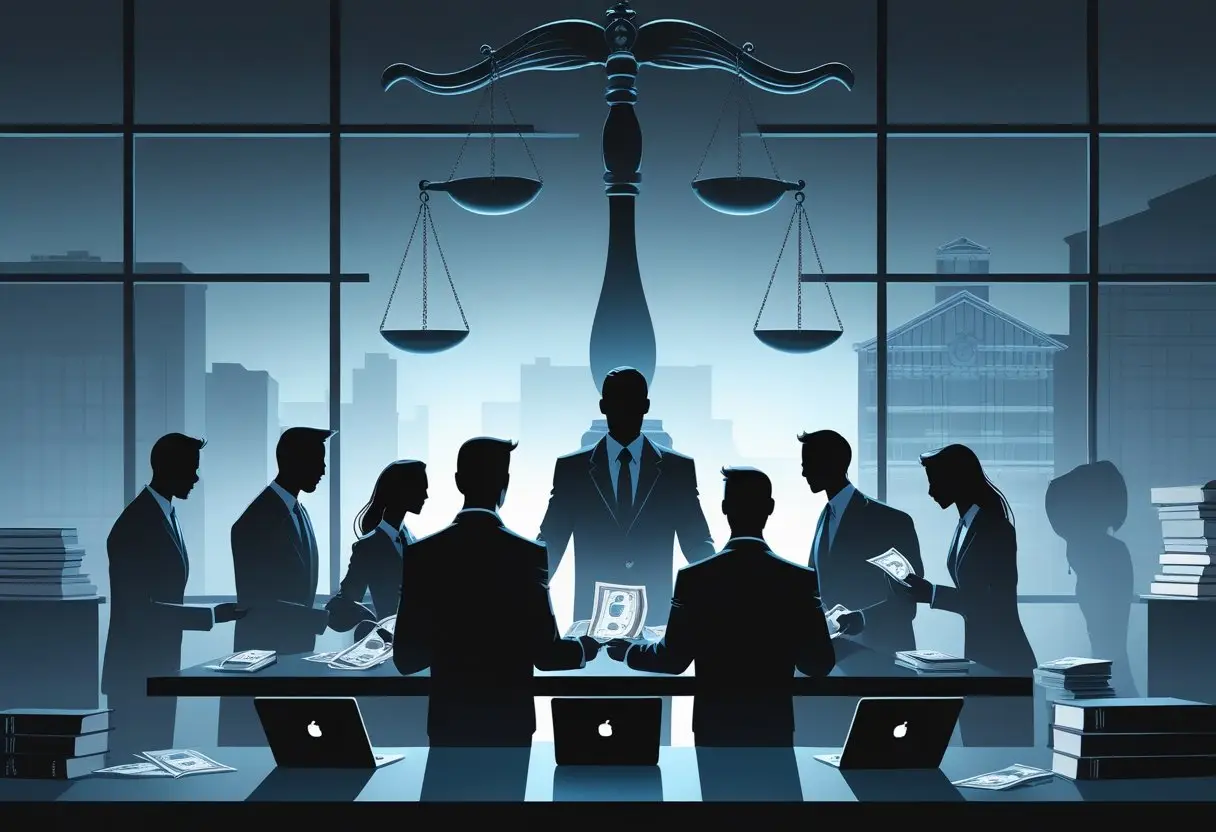 Een groep mensen in zakelijke kleding rond een tafel met documenten en geld, met een grote hamer en weegschaal van justitie op de achtergrond.
