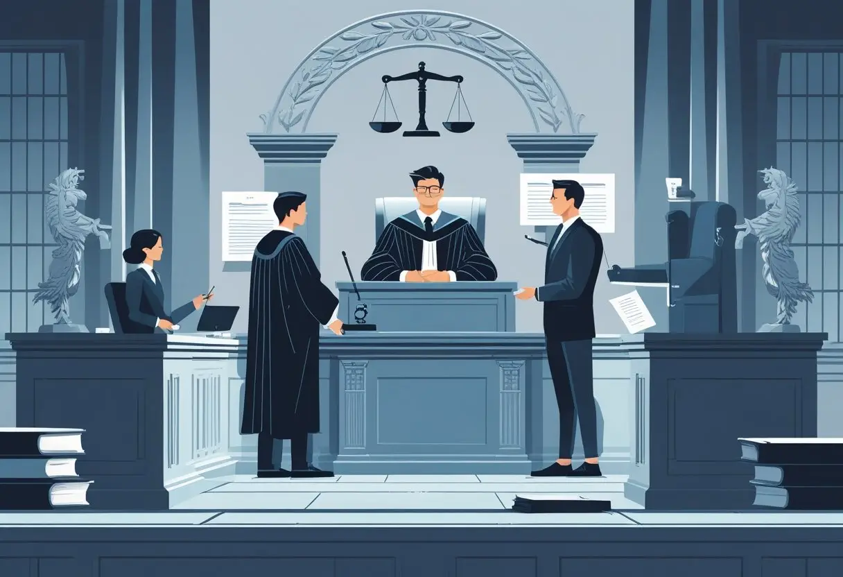 Een rechtszaal met een rechter, advocaat en verdachte, met symbolen van rechtspraak zoals een weegschaal en een hamer.