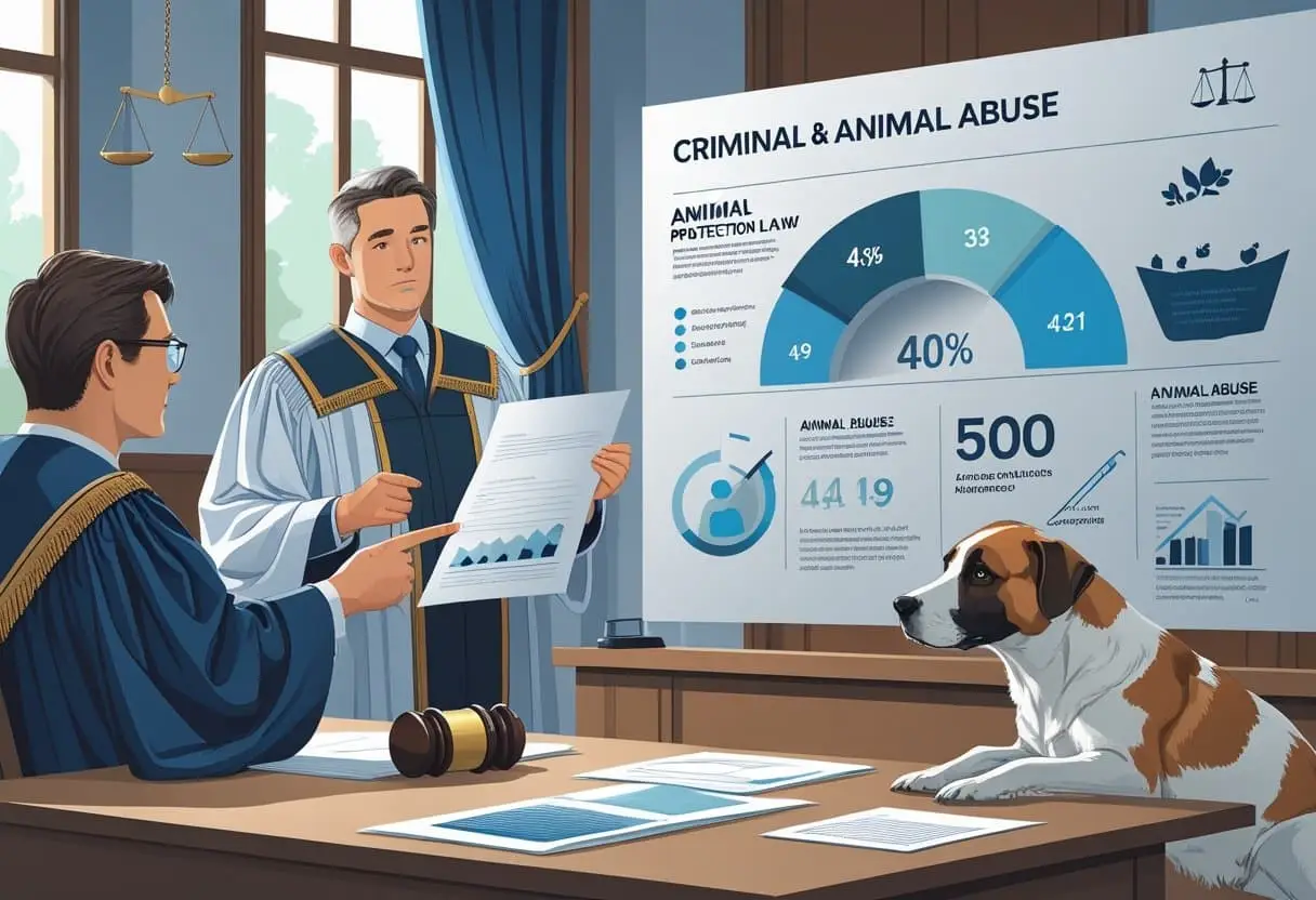 Een rechtszaal waar een rechter en advocaat aanwezig zijn, met een dierenarts die een gewonde hond onderzoekt, wat de aanpak van dierenmishandeling toont.