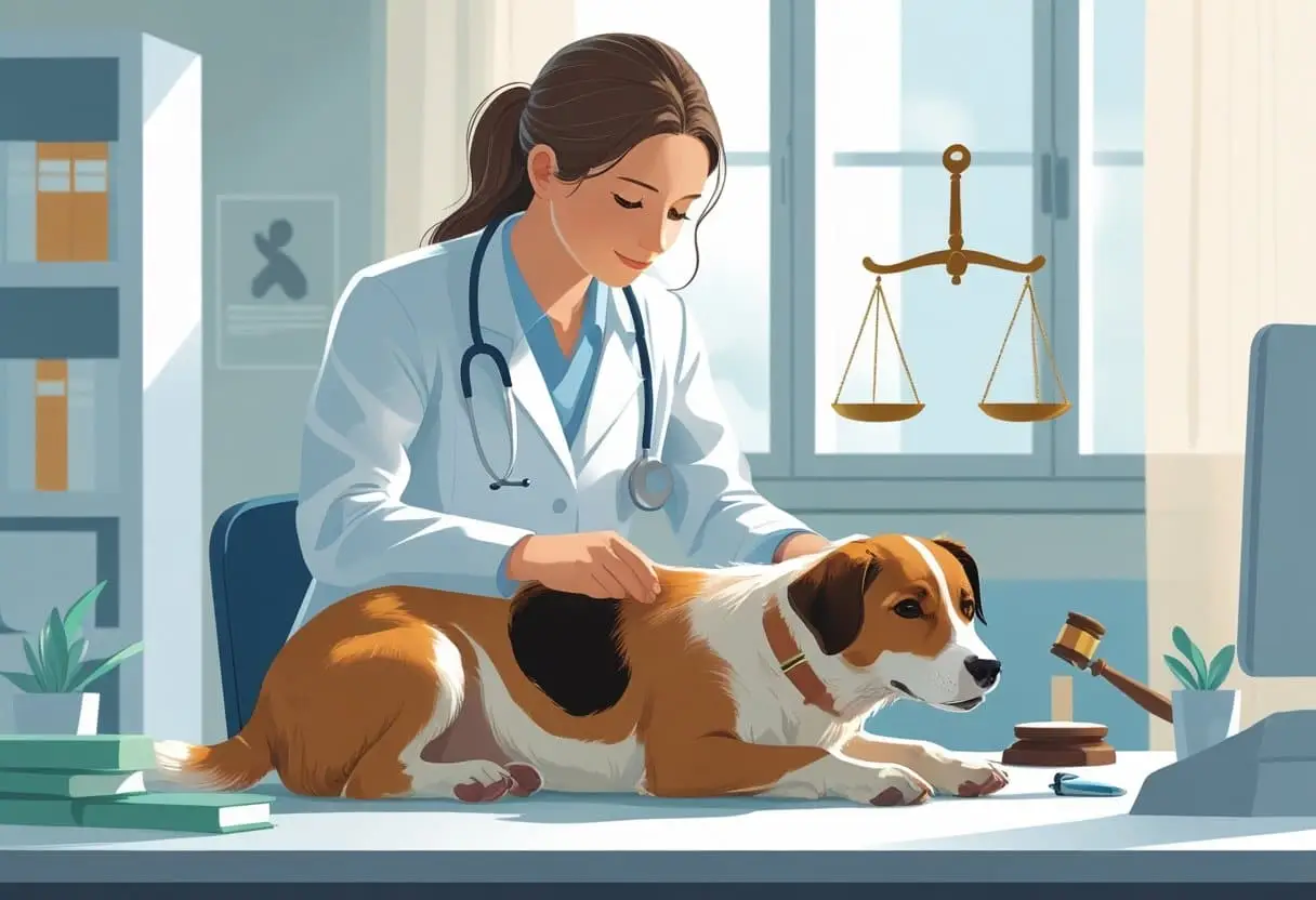 Een dierenarts onderzoekt een gewonde hond in een rustige kliniek, met op de achtergrond symbolen van recht en gerechtigheid zoals een weegschaal en een hamer.