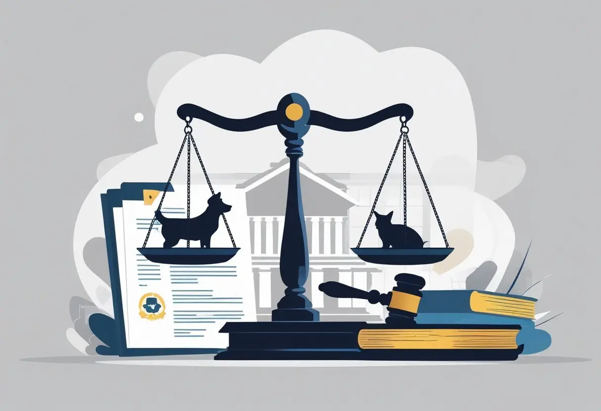 Een weegschaal van gerechtigheid met aan de ene kant een silhouet van een dier en aan de andere kant een hamer en documenten, met een rechtbank op de achtergrond.