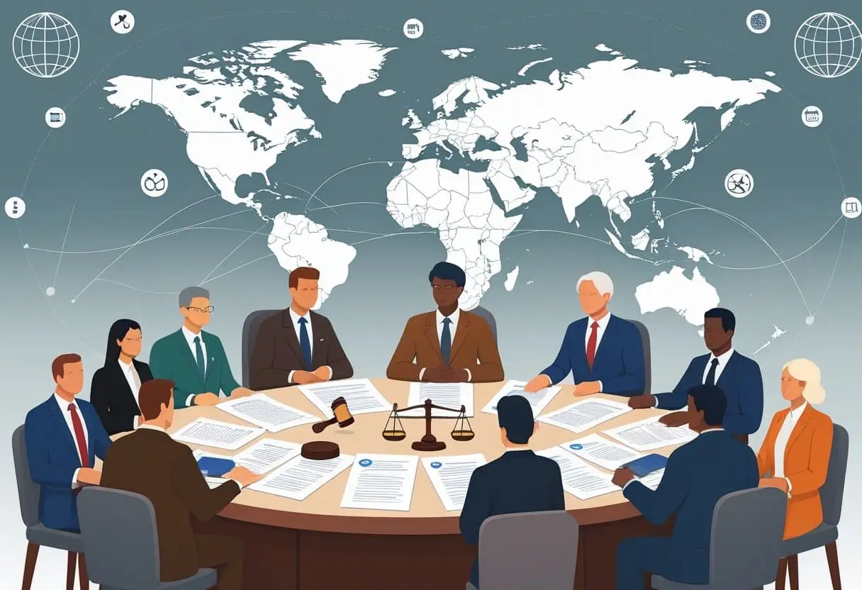 Een groep internationale professionals werkt samen aan een tafel met documenten voor een wereldkaart met verbonden grenzen op de achtergrond, die samenwerking bij het bestrijden van grensoverschrijdende misdaad toont.