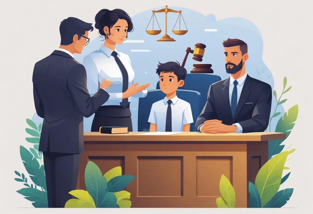 Een jongere staat in een rechtszaal naast een advocaat terwijl een rechter toekijkt, met symbolen van gerechtigheid op de achtergrond.