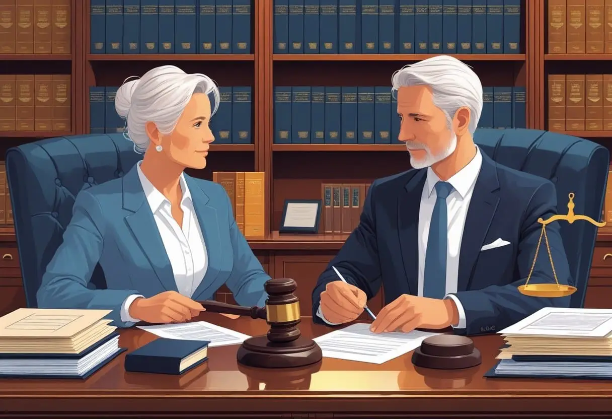 De juridische kant van scheiden na een langdurig huwelijk: Complete gids 1 Een volwassen koppel zit tegenover een advocaat aan een bureau in een kantoor, omringd door juridische documenten en boeken, terwijl ze een gesprek voeren over een scheiding na een langdurig huwelijk.