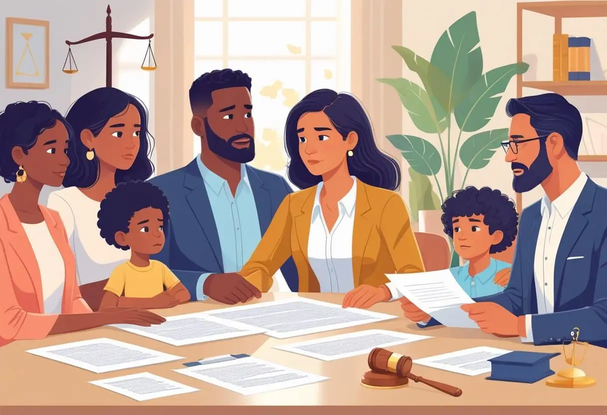 Een gezin met ouders en kinderen uit een samengesteld gezin zit samen met een advocaat aan een tafel, terwijl ze juridische documenten bespreken.