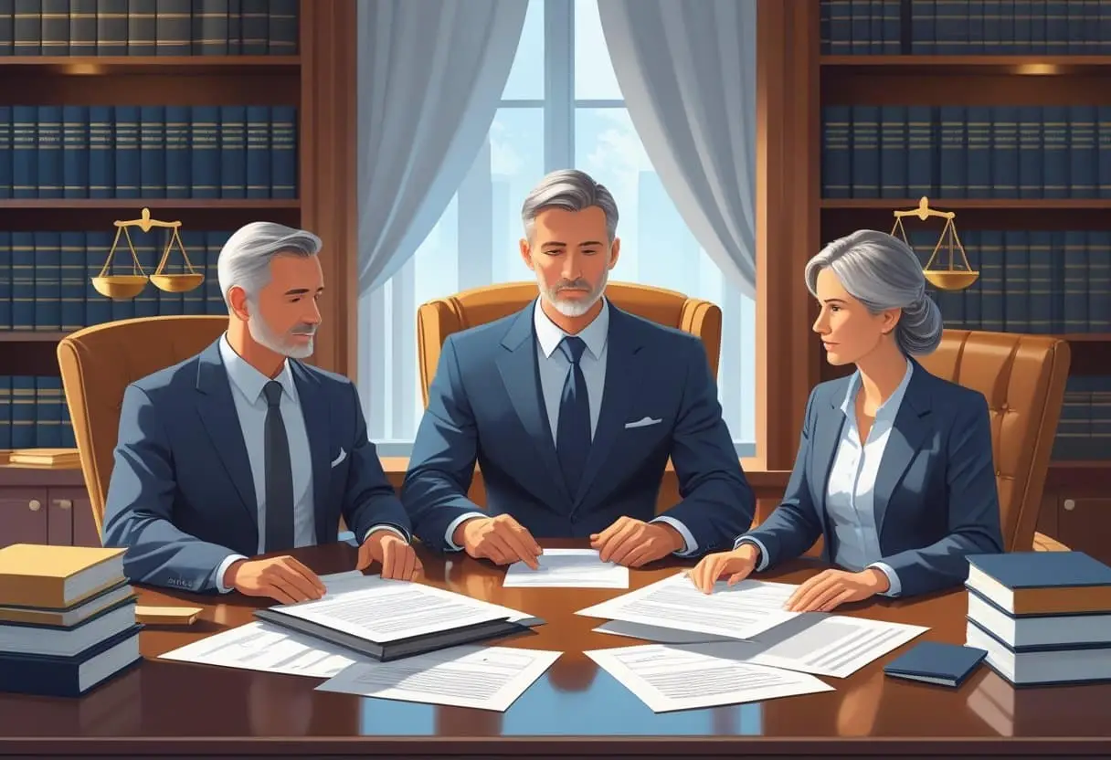 De juridische kant van scheiden na een langdurig huwelijk: Complete gids 2 Een echtpaar zit tegenover een advocaat aan een bureau in een kantoor, terwijl ze juridische documenten bespreken.
