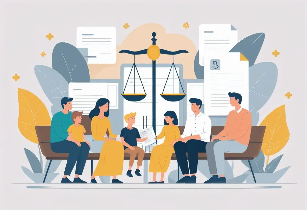 Een diverse familie met ouders en kinderen uit verschillende relaties, samen met symbolen van rechtspraak zoals een weegschaal en juridische documenten.