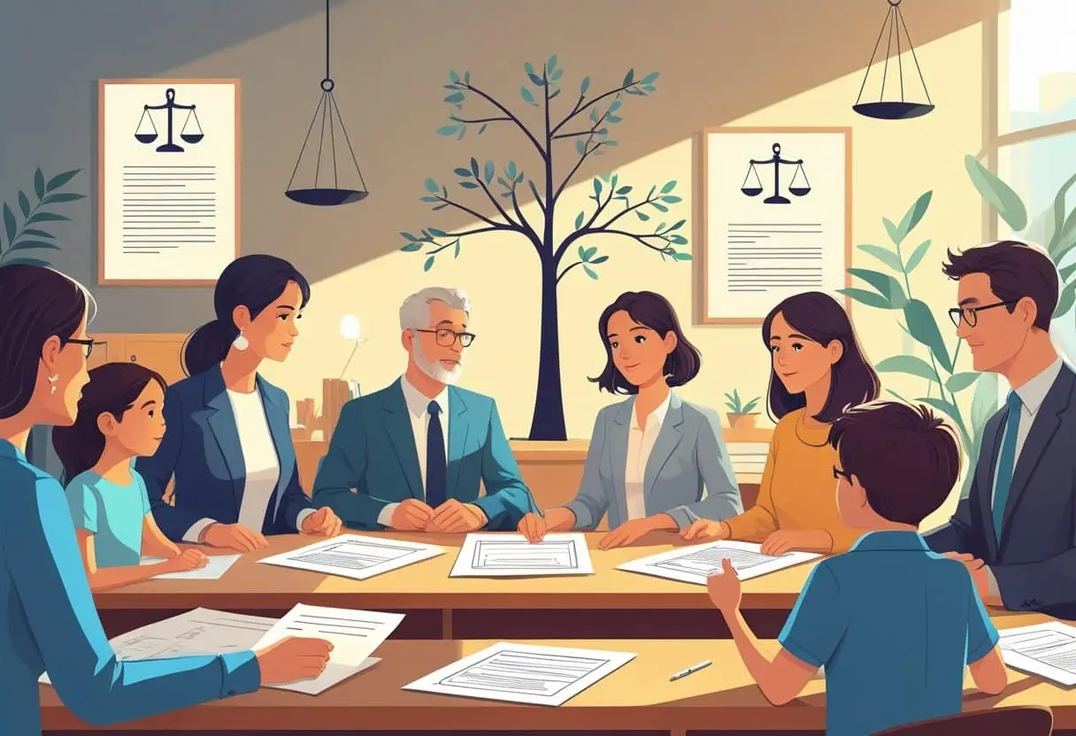 Een diverse familie en juridische professionals die samen aan een tafel zitten en documenten bespreken over erfenis en scheiden in een samengesteld gezin.