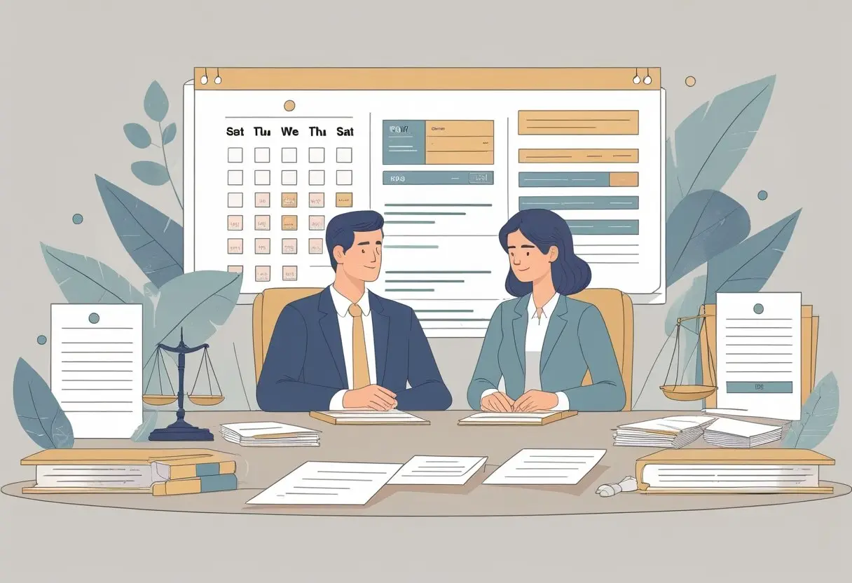 De juridische kant van scheiden na een langdurig huwelijk: Complete gids 3 Een echtpaar zit tegenover een advocaat in een kantoor, terwijl ze samen documenten bespreken over het scheidingsproces na een langdurig huwelijk.