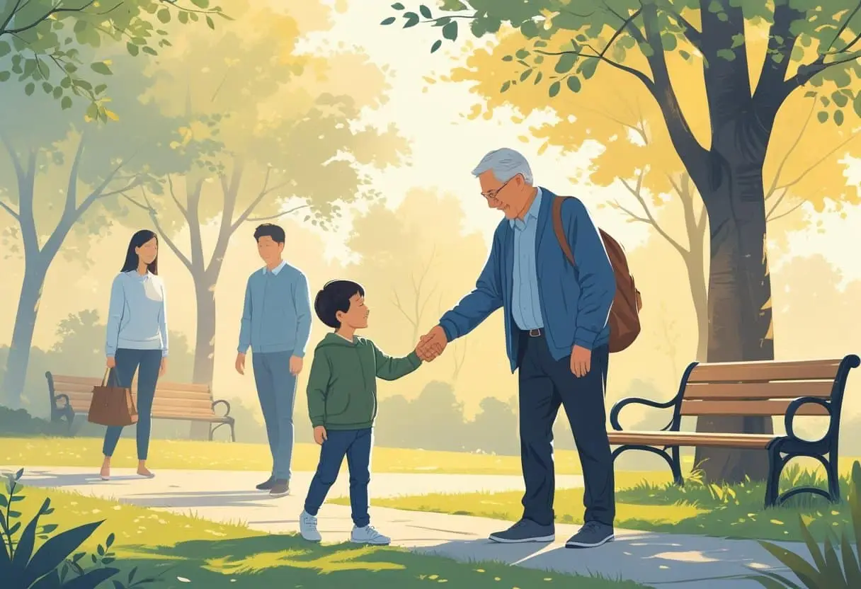 Wat zijn de rechten van grootouders bij een scheiding? Een complete gids 2 Een grootouder die liefdevol een kleinkind vasthoudt in een park, terwijl op de achtergrond twee gescheiden ouders apart staan.