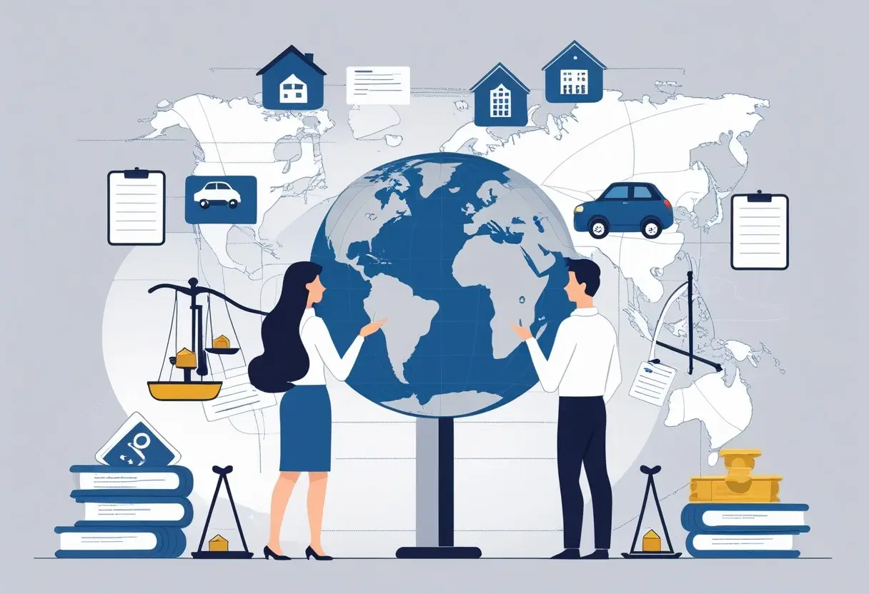 Twee personen staan gescheiden met een wereldbol tussen hen en verschillende eigendommen rondom, zoals een huis en documenten, die het verdelen van internationale bezittingen bij een echtscheiding weergeven.