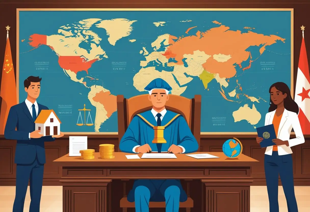 Een rechter zit in een rechtszaal met een wereldkaart achter zich, terwijl een echtpaar aan weerszijden staat met symbolen van eigendommen en internationale documenten.