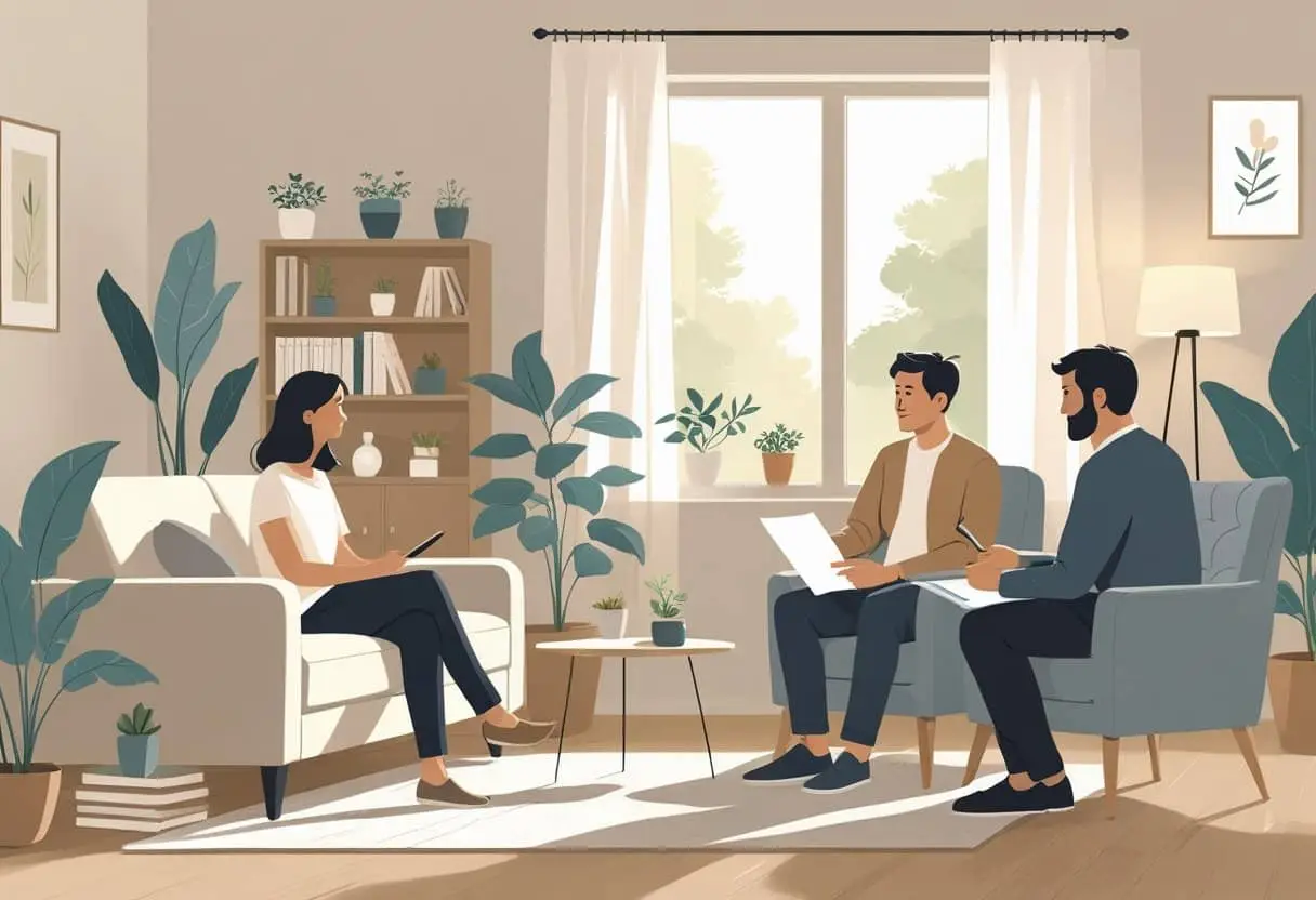 Een stel zit in een woonkamer en bespreekt samen met een adviseur hun gedeelde huurwoning tijdens een scheiding.