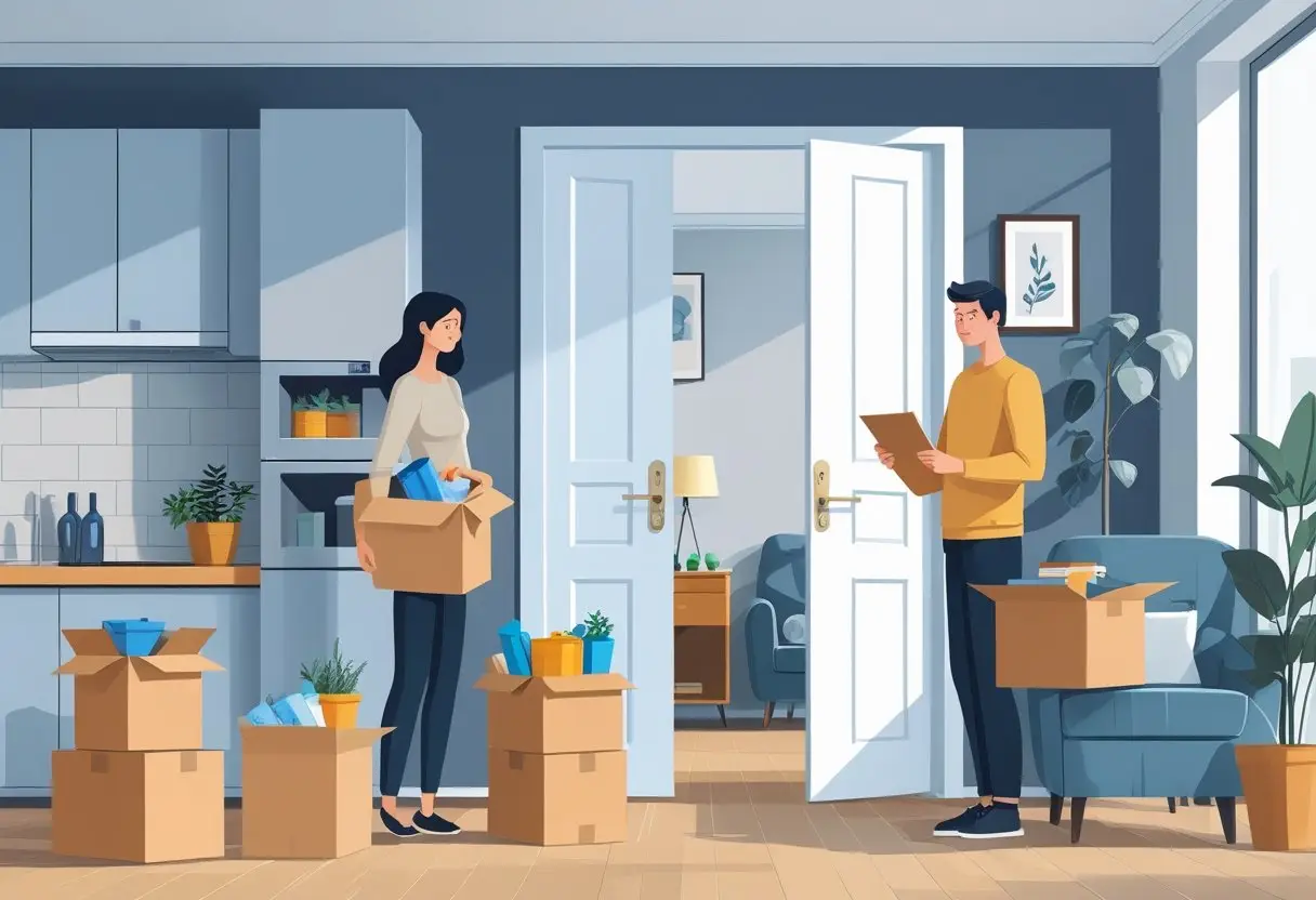 Een afbeelding van een gescheiden appartement met twee personen die hun spullen verdelen en documenten bekijken, waarbij de woning duidelijk in tweeën is gedeeld.